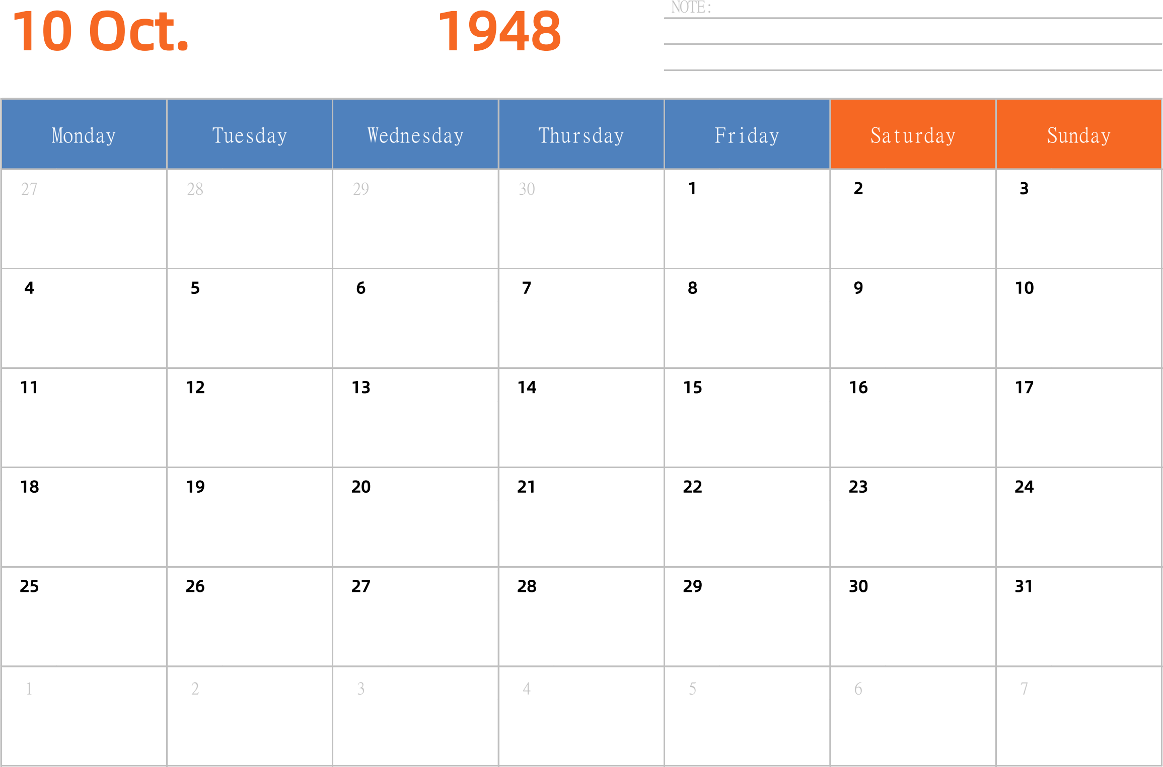 日历表1948年日历 英文版 横向排版 周一开始